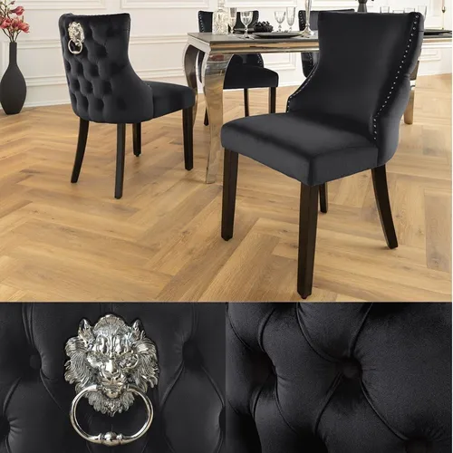 Edler Chesterfield Stuhl LEON Samt schwarz mit Löwenkopf