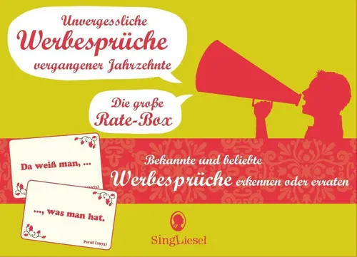 SingLiesel Verlag | Unvergessliche Werbesprüche | Gesellschaftsspiel - Die große Rate-Box mit 100 Karten bietet unterhaltsame Erinnerungen und fördert den Austausch in geselliger Runde – ideal für ältere Menschen.