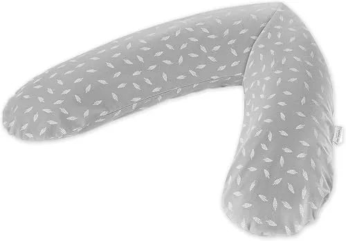 Theraline Das Original Stillkissen & Schwangerschaftskissen - 190cm inkl. Bezug aus 100% Baumwolle - Füllung aus leisen EPS-Perlen - Lagerungskissen, schadstoffgeprüft - Blätter Grau Weiß