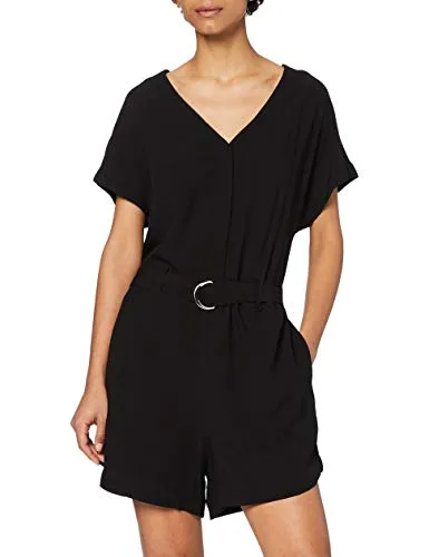 Urban Classics Damen Short Viscose Jumpsuit mit Gürtel, Schwarz, XS - Stylischer Damen Jumpsuit mit Gürtel für eine feminine Silhouette. Loose Fit, V-Ausschnitt und runde Beinabschlüsse bieten hohen Tragekomfort. Ideal für vielseitige Streetwear-Looks.