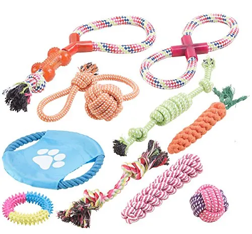 Sweetypet Wurfspiel für den Hund: 10er-Set Bunte Hundespielzeuge aus Baumwolle zum Kauen und Toben (Hunde Bedarf, Wurfspielzeug)