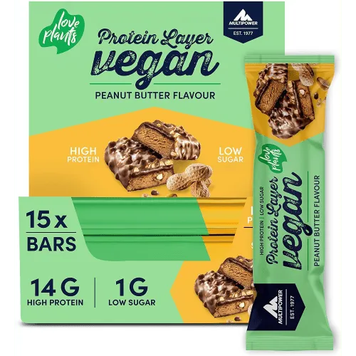 Multipower Vegan Protein Layer Erdnussbutter Bar - Proteinriegel mit 24% pflanzlichem Eiweiß, leckerem Erdnussbuttergeschmack und nur 216 kcal – ideal für Sportler und als gesunder Snack für zwischendurch.