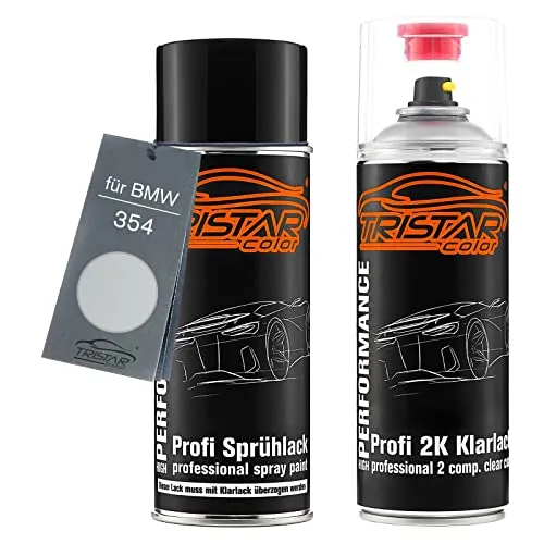TRISTARcolor Autolack 2K Spraydosen Set für BMW 354 Titansilber Metallic/Titanium Silver Metallic Basislack 2 Komponenten Klarlack Sprühdose