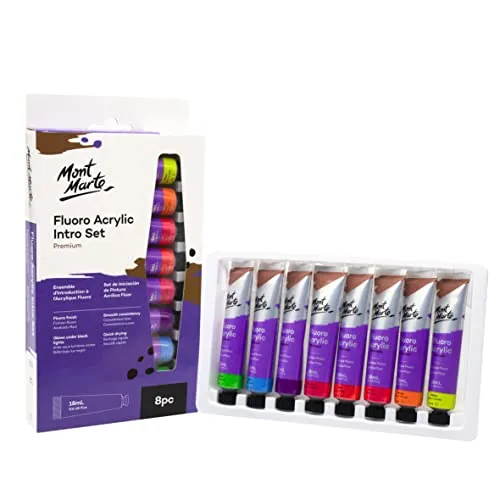 Mont Marte Acrylfarben Set Neon – Fluoreszierend – 8 Stück, 18 ml Tuben – Ideal für Acrylmalerei – Brillante Lichtechte Farben mit großer Deckkraft – Neoneffekt unter Schwarzlicht