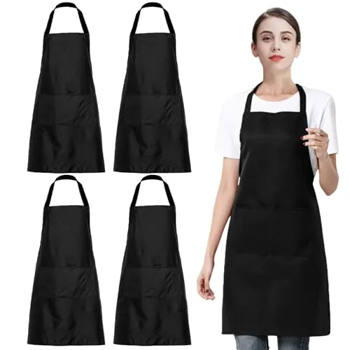 EUPSIIU 4 Stücke Verstellbare Schürze mit 2 Taschen, Küchenschürzen für Männer Damen, Kochschürze für Die Küche für Küche, Restaurant, Café, Backen, Malen, Hausarbeit, Grillen, 60 x 70 cm (Schwarz)