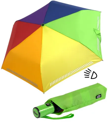 iX-brella Automatik Kinderschirm Safety Reflex - Regenbogen - Taschenschirm für Kinder ab 9 Jahren mit Auf-Zu Automatik, leicht und sicher dank reflektierender Borte, ideal für den Schulweg.
