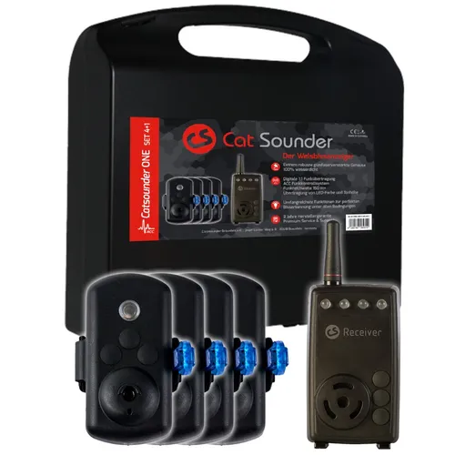 Carp Sounder Catsounder One Set 4+1 - Funkbissanzeiger für Welsangler - Set mit 4+1 Funkbissanzeigern für Süßwasserangeln. Zuverlässige akustische und optische Signale für ein unbeschwertes Angelerlebnis.