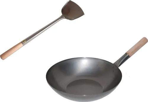 WOK SET, 38FB-S04, Wok Pfanne 38 cm Ø flacher Boden Kohlenstoffstahl + Spahtel Edelstahl Größe S