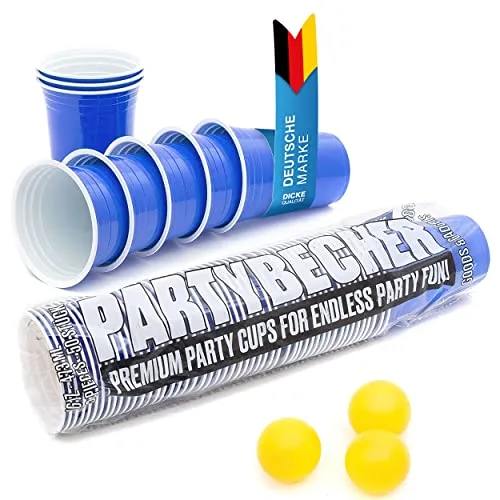 GOODS+GADGETS 50 Stück Blaue Partybecher; Wiederverwendbare Getränkebecher Blue Cups Trinkbecher 16 oz Kunststoff Party Becher Plastikbecher - Set inkl. 3 Tischtennis-Bälle