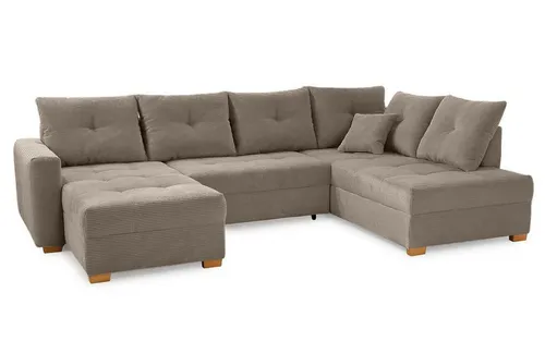 luma-home Wohnlandschaft 15219, U-Form mit Schlaffunktion und Bettkasten B313/T200/H92 cm, Schaumpolsterung, seitenverkehrt montierbar, Cord in Braun Taupe