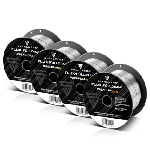 STAHLWERK FLUX Fülldraht Ø 0,9 mm 4er Set E71T-GS – selbstschützender Schweißdraht für MIG/MAG - Universell einsetzbarer, selbstschützender Fülldraht (Ø 0,9 mm) für Schweißen ohne Gas. Ideal für Stahlarbeiten, spritzarm und porenfrei. Hochwertiger Zusatzwerkstoff im 4er Set mit je 0,45 kg, kompatibel mit gängigen MIG/MAG-Geräten.
