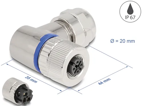 DELOCK 60542 - M12 Steckverbinder A-kodiert 3 Pin Buchse, 90° gewinkelt Metall