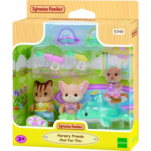 Sylvanian Families - Erlebniskindergarten Freunde Poolspaß - Spielfiguren Set mit drei beweglichen Babys im Schwimmoutfit, inklusive Taucherbrillen, Wasserspritzen und Delfin - ideal für kreative Wasserabenteuer!