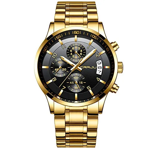 CRRJU Herren Uhr wasserdichte Chronographen Armbanduhr Männer Edelstahlarmband Business Analog Quarzuhr mit Kalender (Gold Schwarz)