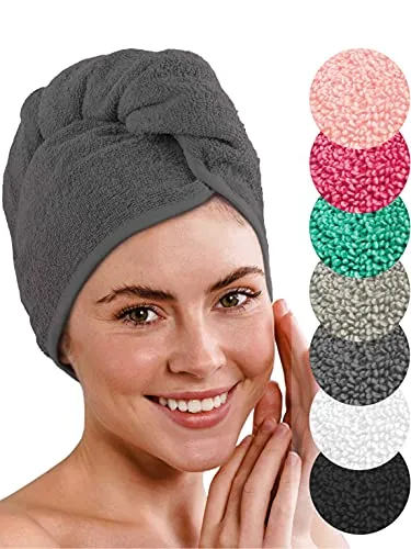 LAYNENBURG 2er-Set Premium Haarturban mit Knopf aus 100% Baumwolle - Haar-Handtuch inkl. 8 Haargummis - für Kurze und Lange Haare – Turban Handtuch ist schnelltrocknend und saugstark (anthrazit)