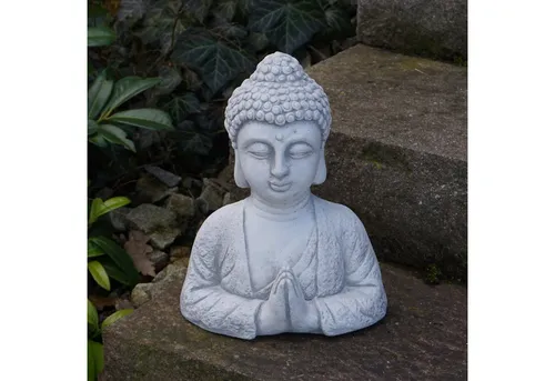 Gartenfigur Buddha Büste mit Namaste Geste - 30 cm Steinfigur - Figuren, frostbeständige Buddha-Büste mit Namaste-Geste, ideal für eine stilvolle Begrüßung in Haus und Garten.