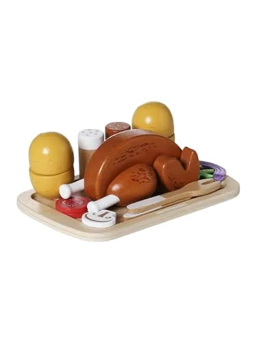 VERTBAUDET Brathähnchen und Zubehör aus Holz, FSC® - Kreatives Spielzeug in leuchtendem Gelb, ideal für die Spielküche. Das Set enthält Brathähnchen, Gemüse und Besteck, fördert die Fantasie und das Rollenspiel. Hersteller: VERTBAUDET.
