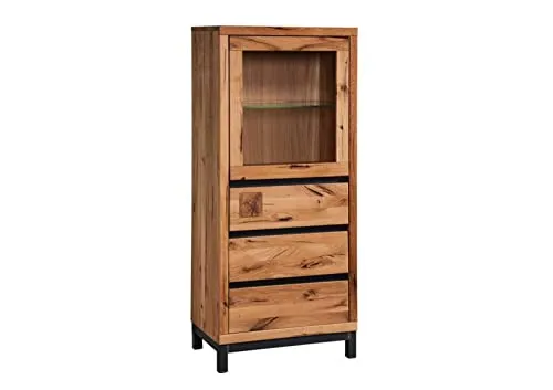 MASSIVMOEBEL24 VILLANDERS Vitrine aus Wildeiche - Glasvitrine aus naturbelassenem Holz, jedes Stück ein Unikat mit einzigartiger Maserung und edlem Design, ideal für Schlafzimmer, Wohnzimmer oder Küche.