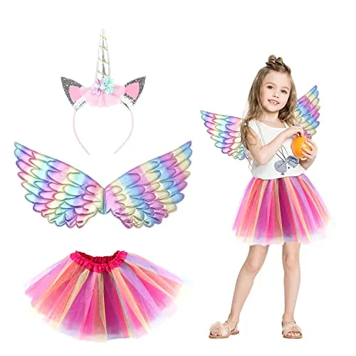 LSYYSL 3-teiliges Cartoon-Regenbogen-Set, Regenbogenkleid für Kinder, Farbverlauf, Prinzessinnenkleid, Engelsflügel-Set, Tutu-Rock, Cosplay-Kostümzubehör, Bühnenaufführung, Geburtstagsfeier.