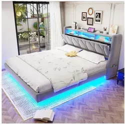 Flieks Polsterbett, Doppelbett 180x200cm mit Stauraum-Kopfteil, Aufladen, LED-Beleuchtung grau 112.8 cm