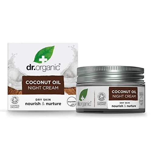 Dr Organic Kokosöl Nachtcreme, Feuchtigkeitsspendend, Trockene Haut, Natürlich, Vegan, Tierversuchsfrei, Paraben- & SLS-frei, Plastikfrei, Recycelt & Recyclebar, Zertifiziert Bio, 50ml