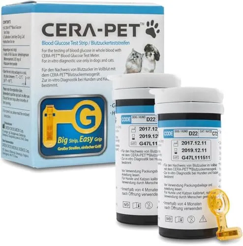 Cera-Pet Blutzuckerteststreifen 100 Stk. für Hunde und Katzen - Blutzuckermessgeräte für Hunde und Katzen, 100 Teststreifen für eine einfache und präzise Blutzuckermessung, ideal für die Gesundheitsüberwachung Ihres Haustiers.