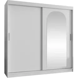 MIRJAN24 Kleiderschrank Selfie 200 - Schwebetürenschrank mit zwei Kleiderstangen und vier Schubladen, ideal für platzsparende Aufbewahrung und modernes Design in Weiß.