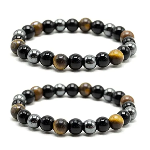 EUGENEKELLY Armband Dreifacher Schutz, 2er Pack 8mm Tigerauge Armband Hämatit Perlen & Schwarzer Obsidian Balance Edelsteine zum Schutz