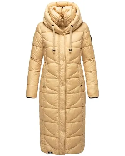 Navahoo Damen Wintermantel - Warmer Steppmantel in Sand, Gr. L - Funktionsjacken: Extralang mit Kapuze, wind- und wasserabweisend, ideal für kalte Tage mit warmem Fleece und modernem Oversize-Look.