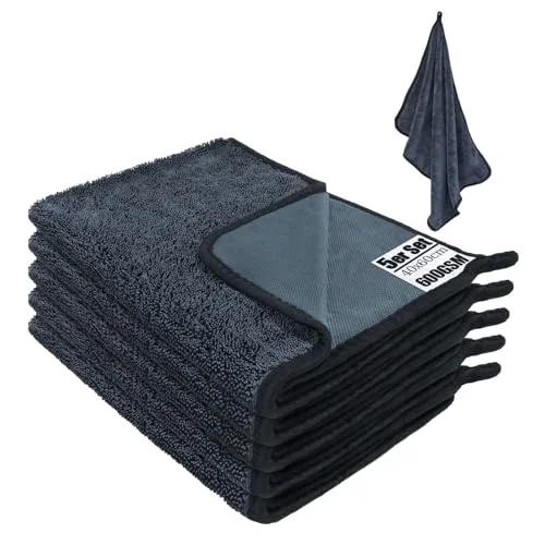 Wusboo Auto Trockentuch 5 Stück, 600GSM Ultra Saugstarke Mikrofasertücher für Auto, Motorrad, Dusche & Haushalt (60x40cm), Schnell Trocknend, Fusselfrei, Kratzfrei, Lackschonend - Blaugrau