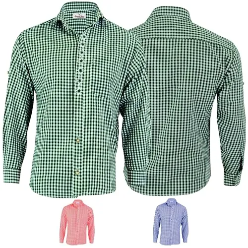 German Wear Trachtenhemd Karo mit Edelweiß-Stickerei aus Baumwolle, Größe:L, Farbe:Grün