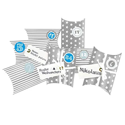 Frau WUNDERVoll® DIY Adventskalender zum Befüllen Christkind, Kissenschachteln 15x11x4,5cm grau Sterne und Streifen, Ziffern blau/Weihnachten, Papiertüten, Kinder, Zahlen, Geschenkbeutel, Aufkleber