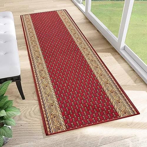 TAPISO Anti Rutsch Teppich Läufer rutschfest Brücke Meterware Oriental Rot Gelb Ornament Floral Design Flur Küche Wohnzimmer 80 x 600 cm