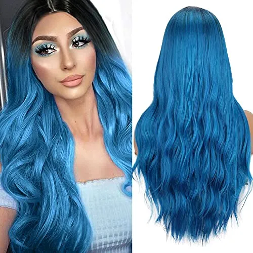 Perücke Blau Lang für Frauen Ombre blue Perücken Mittelteil Wellige Locken Cosplay Perücke Synthetische für Halloween Party Karneval Natürlich Wig