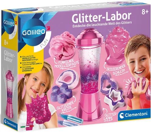 Clementoni Galileo Fun Glitter-Labor - Kreatives Experimentierset für Kinder ab 8 Jahren, Glitzer, Slime und individuelle Lavalampe zum Selbermachen