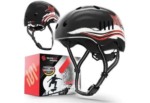 SKATEWIZ Fahrradhelm für Kinder – Sicherer Skaterhelm in Schwarz-Rot für Jungen und Mädchen - Halbschalenhelm für Kinder ab 3 Jahren mit 19 Belüftungsöffnungen. Leicht und robust, mit einstellbarem Verstellsystem und FIDLOCK Magnetverschluss für optimalen Tragekomfort.