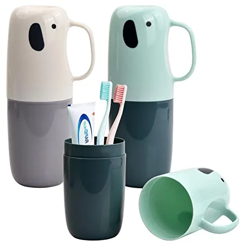 Dokeno Zahnbürsten Etui, 2 Stück Kunststoff Zahnputzbecher Reisen mit Griff, Kinder Mundwasser Tasse Set, Tragbar Zahnbürste Zahnpasta Aufbewahrungsbox für Wandern, Geschäftsreisen, Camping Reise