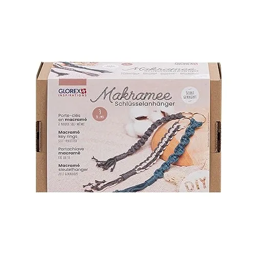Glorex 5100900 - Makramee Bastelset, Schlüsselanhänger selbst geknüpft, Inhalt für 3 Anhänger