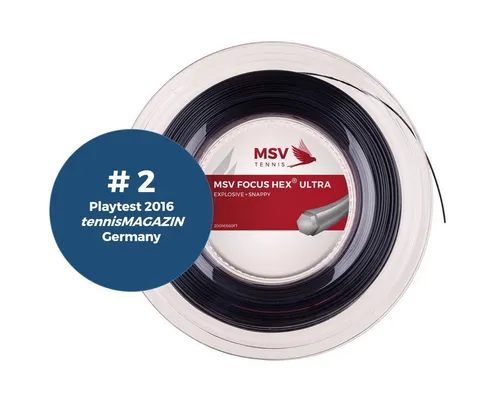MSV Tennissaite Focus Hex Ultra 200m Rolle - Schwarz - Tennissaiten für explosive Spin-Performance und Spannungsstabilität, ideal für ambitionierte Spieler. Sechseckiges Profil und spezielle Beschichtung für herausragenden Snap-Back.