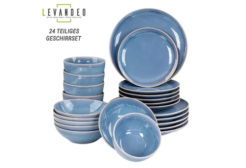 levandeo 24tlg. Geschirrset für 6 Personen - Modernes Steingut in Blau - Tafelservice aus robustem Steingut, 24 Teile für stilvolle Anlässe. Mikrowellen- und spülmaschinenfest, ideal für den täglichen Gebrauch.