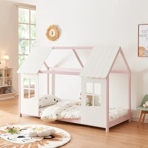 Kinderbett 'Tostedt' Halboffenes Design 90x200cm Rosa/Weiß - Kinderzimmermöbel, gemütliches Hausbett aus natürlichem Holz mit liebevollen Fenstern und der Möglichkeit, eine Lichterkette anzubringen – ideal für kreative Träumer!