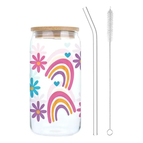 Glanzend Trinkgläser mit Deckel und Strohhalm, Cocktailgläser Eiskaffee Gläser 500ml, Iced Coffee Glas, Dosenförmige Glasbecher ideal für Smoothie, Latte, Macchiato, Whiskey, Limonaden, Geschenk