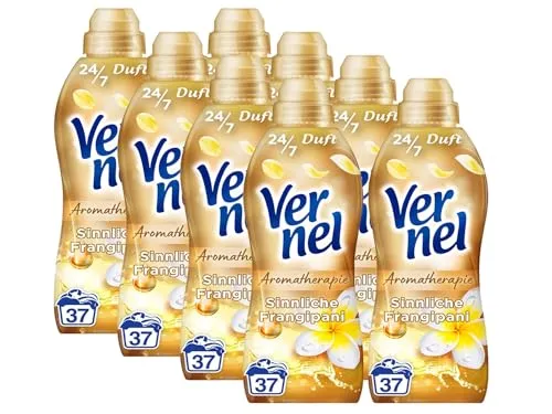 VERNEL Aromatherapie Sinnliche Frangipani Weichspüler 8x 37 WL (296 Waschladungen), langanhaltender Wäscheduft mit ätherischen Ölen für 24/7 Frische, recycelbare Flasche