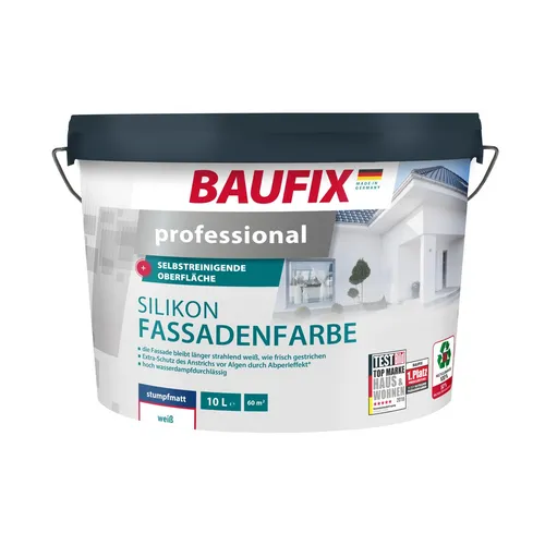BAUFIX professional Silikon Fassadenfarbe 10 Liter - Außenwand Farbe - Lacke, selbstreinigende Oberfläche und Abperleffekt für langlebigen Schutz und ansprechende Optik.
