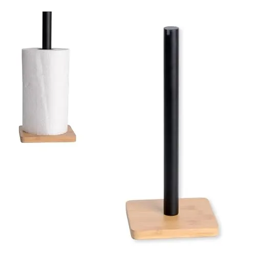 KOOK TIME Küchenrollenhalter - Vertikaler Küchenpapierhalter mit Bambus- und Mattschwarzer Metallbasis, Ideal für Ihre Küche, 14x14x33 cm
