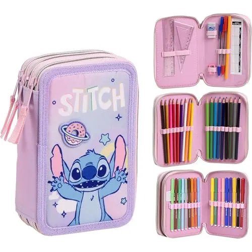 Giotto Stitch Federmäppchen für Kinder - Vollständiges Federmäppchen mit Disney Stitch Design, inklusive Giotto-Marker und Buntstiften. Ideal für Schule und kreative Aktivitäten, fördert die Organisation und Verantwortung der Kinder.