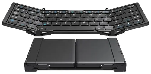 Callstel Faltbare Tastatur - Ultrakompakte Trifold-Tastatur mit deutschem QWERTZ-Layout, ideal für Reisen. Li-Ion-Akku für bis zu 84 Stunden Nutzungsdauer und Bluetooth 5.1 für kabelloses Arbeiten.