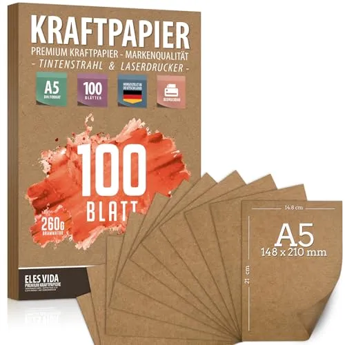 Blatt Kraftpapier A5 Set - 260 g - 14,8 x 21 cm - DIN Format - Bastelpapier & Naturkarton Pappe Blätter aus Kraftkarton zum Drucken, Kartonpapier Basteln für Vintage Hochzeit Geschenke Etiketten 100