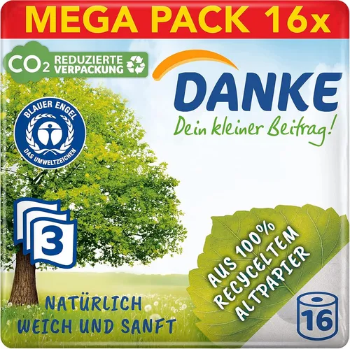 Danke Toilettenpapier Toilettenpapier 3-lagig 1 Packung (je 16 Rollen x 150 Blatt) (1-St)