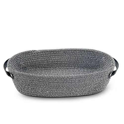 TENQUAN 1 Pc Aufbewahrungskorb aus Baumwollseil mit Ledergriff, 34×17×10cm Geflochten Regalkorb für Schrankregale, Dekorative Korb Aufbewahrung für Schlafzimmer, Badezimmer (Schwarz-Weiss)